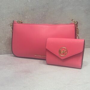 Michael Kors Empire MD Chain Pouchette & Matching Wallet Camila Rose Pink